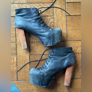 Jeffrey Campbell Black Leather Lace-Up Platform Heeled Boots